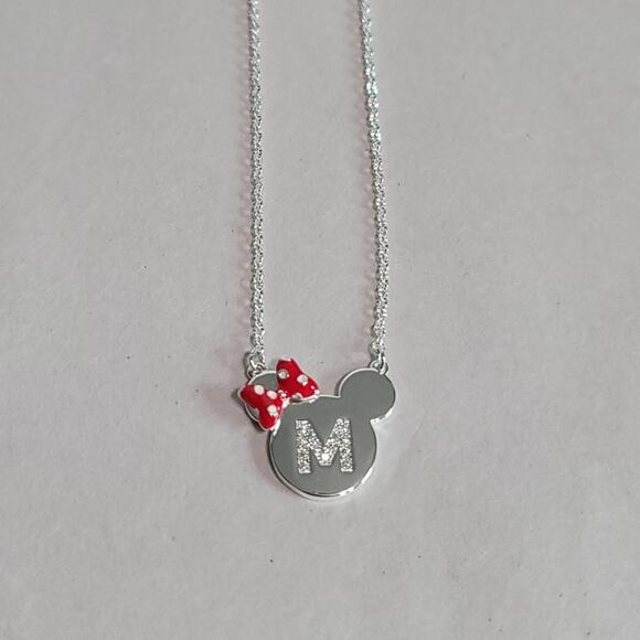 Disney Silver-Tone Clear Rhinestone Letter M Necklace Minnie Mouse Bow Pendent - Picture 7 of 15